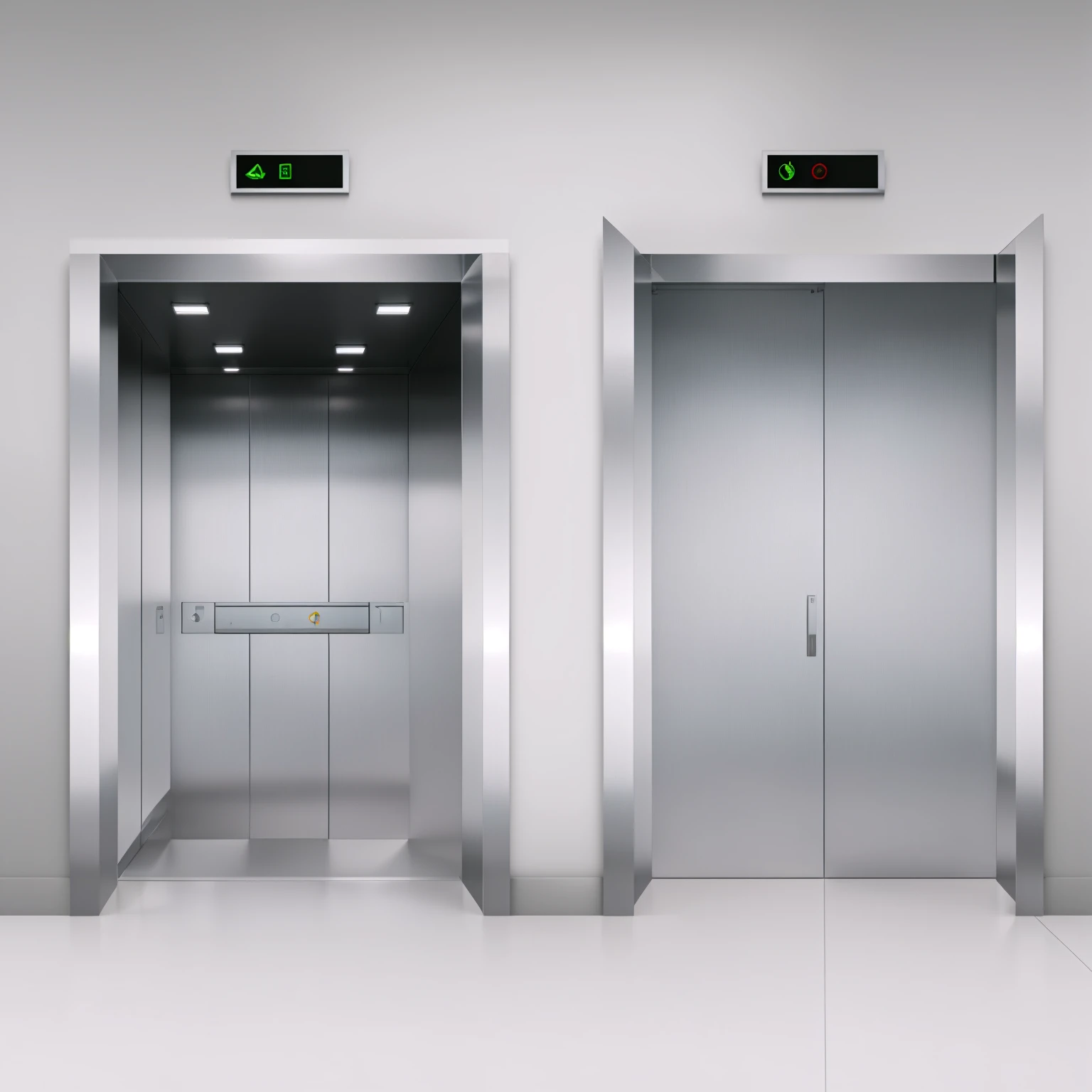 open elevator, closed elevator, ultra-realistic materials, Aluminum, realistic light, botones de Aluminum, carpet inside