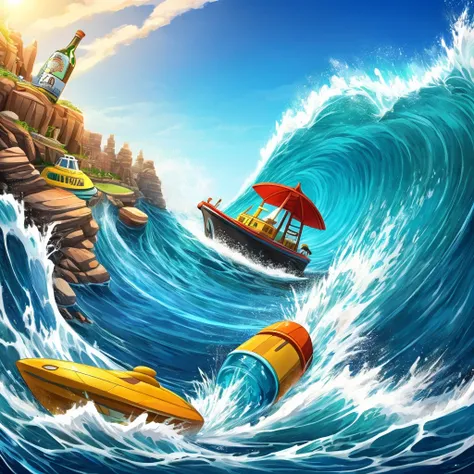 I would like a wave in a cartoon style with a sea topic with only one bottle in the middle of the picture but witout any useless details. You must be precise and carfull please 