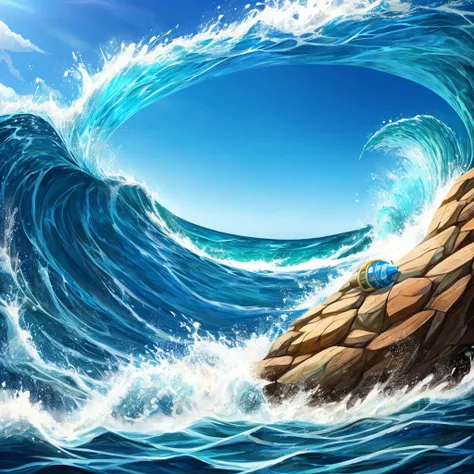 I would like a wave in a cartoon style with a sea topic with only one bottle in the middle of the picture but witout any useless details. You must be precise and carfull please 