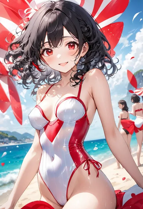 (pov Swimwear style) (beautiful body), (solo:2, 15 yo, curly:1.3 black hair long hair cute girl, ecstasy red eyes, ecstasy smile, love mode, medium tits), (in a Double exposure white one piece bustier swimsuit), break, in the Swimsuit contest venue, backgr...