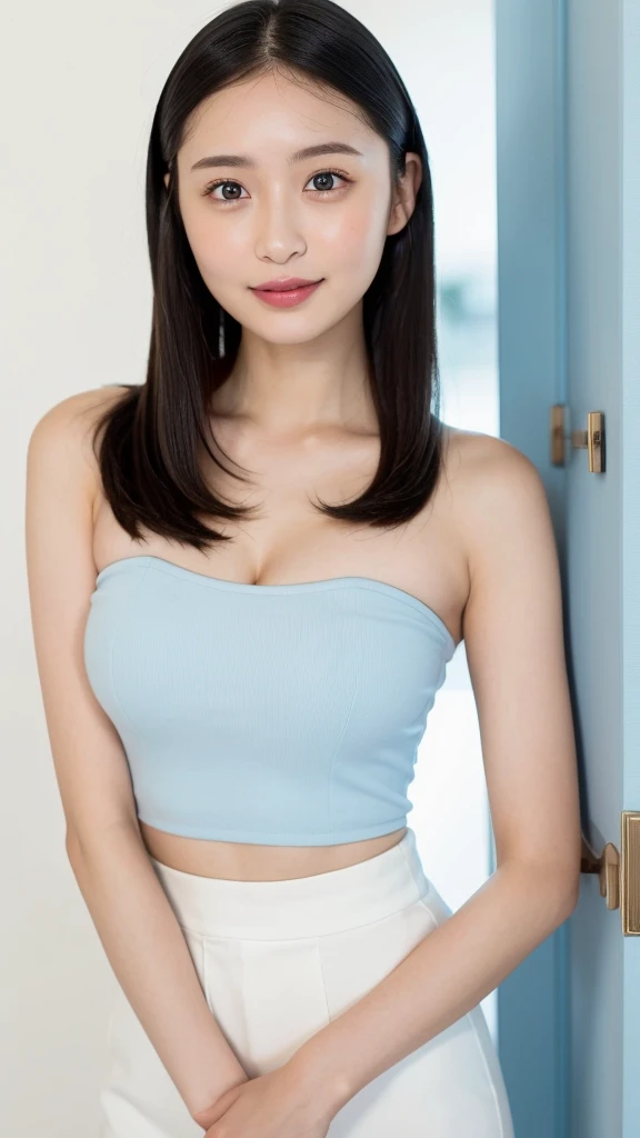 See-through tops、Big Breasts、cleavage,NAKED Camisole、bare shoulders,(White wall as background、Some of her hair is sky blue:1.4)、White wall、In front of a white door、(A room with a white wall and a window)、((Highest quality、8K、masterpiece:1.3))、Ultra-high re...