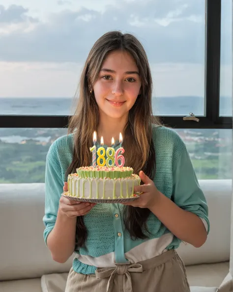 araffe woman holding a birthday cake with candles in front of a window, 18 years, 16 years old, 19 years old, 21 years, 19 year old girl, 23 years, 22 years, 28 years old, 24 years old, she is about 16 years old