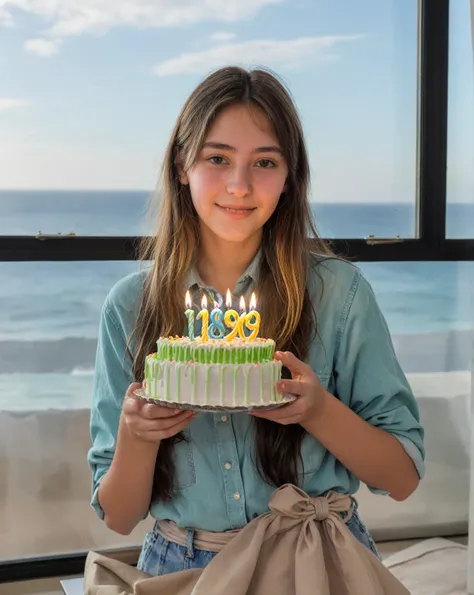 araffe woman holding a birthday cake with candles in front of a window, 18 years, 16 years old, 19 years old, 21 years, 19 year old girl, 23 years, 22 years, 28 years old, 24 years old, she is about 16 years old