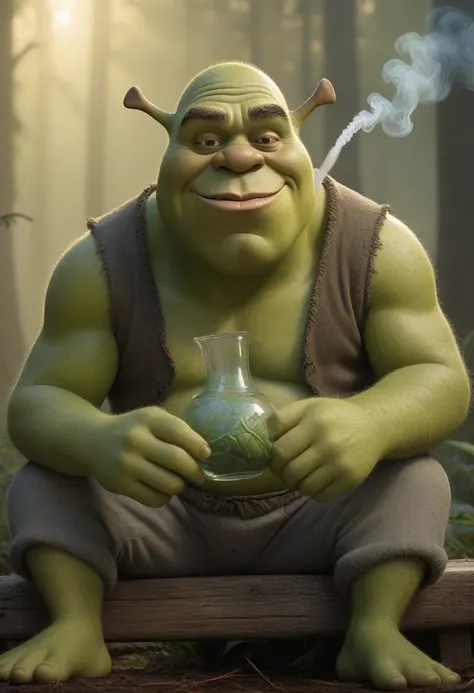 Shrek, the iconic green ogre from the animated film series, depicted in a hyper-realistic art style. He is sitting on a rustic wooden bench in a swampy environment, surrounded by dense, dark foliage and mist. Shrek has a large, intricately designed bong in...