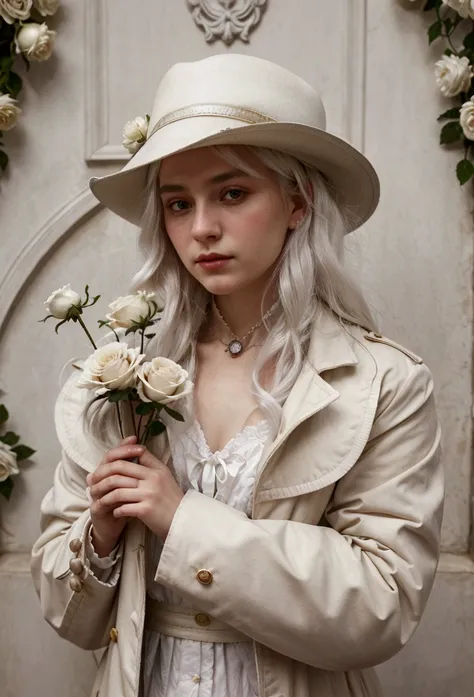 there is a man in a hat and coat holding a white rose, beautiful detailed white hair, inspired by Ivan Kramskoi, romanticism portrait, inspired by Eugene von Guerard, inspired by Théodore Chasseriau, inspired by Francesco Hayez, melanchonic white rose soft...