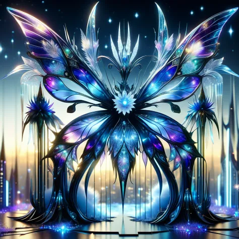 Superb masterpiece, dynamic, Great quality, Blue-purple midnight fairy, Small humanoid, Delicate and elegant appearance, Transparent iridescent wings, Pointy Ears, A playful and mischievous look, Nature-inspired clothing, Magic Accessories, nature, charity...