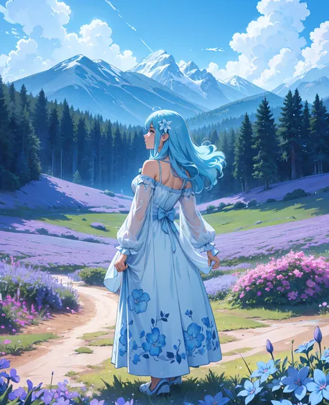 (absurdres, highres, ultra detailed, UHD, cinematic), solo, 1girl, mature, happy, girl standing in light blue flower field, light blue flower petal surrounding girl, full body, blue long hair girl, light blue hair, fantasy, dreamy, snowy, official art, pop...