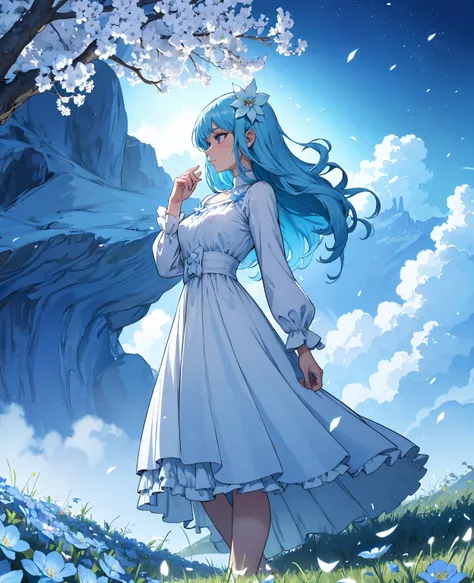 (absurdres, highres, ultra detailed, UHD, cinematic), solo, 1girl, mature, happy, girl standing in light blue flower field, light blue flower petal surrounding girl, full body, blue long hair girl, light blue hair, fantasy, dreamy, snowy, official art, pop...