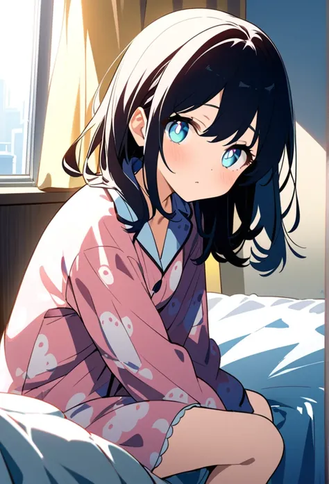 You are a professional illustrator。Please carefully check and draw the illustration according to the following conditions.、Morning Situation、A girl is sitting on her bed, gazing sleepily at the camera.、Delicate anime face、Big clear eyes、In pajamas、