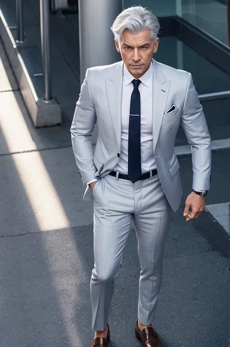 Handsome man, silver hair, power suit