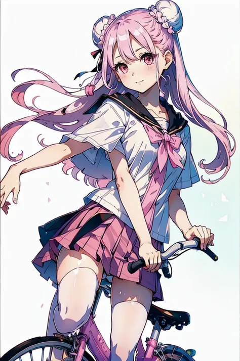 masterpiece, (((Highest quality))), (((High resolution))), {Detailed and beautiful eyes}, finely,  Detailed and beautiful eyes,1 Girl, (Hair Ribbon:0.4), Pink Eyes,(((White bun hair))),(((Long pink hair))),(((ride a bicycle))), smile,Kunimi Tama,