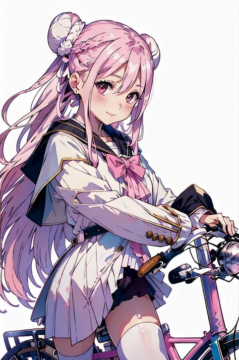 masterpiece, (((Highest quality))), (((High resolution))), {Detailed and beautiful eyes}, finely,  Detailed and beautiful eyes,1 Girl, (Hair Ribbon:0.4), Pink Eyes,(((White bun hair))),(((Long pink hair))),(((ride a bicycle))), smile,Kunimi Tama,