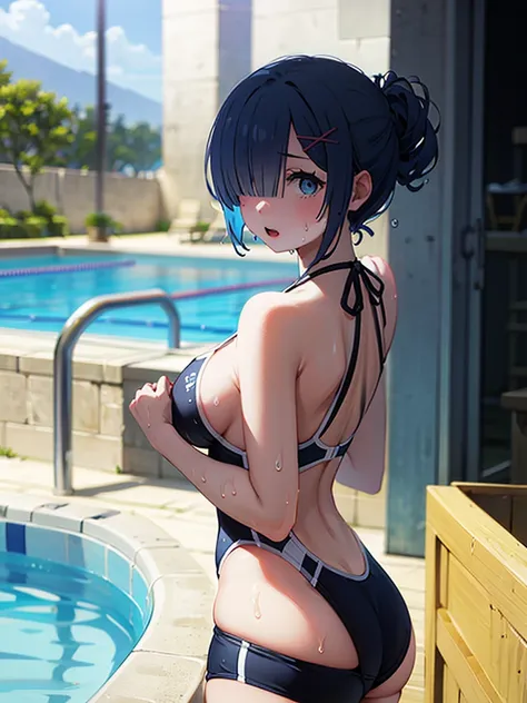 Swimsuit、Acme Face、Random pose、short hair、Blue Hair、、hair over one eye、、nsfw、	masterpiece, best quality, 1 girl, 独奏, large breasts, gray eyes, swept bangs, black hair, half updo hair, looking side, excited, cowboy shot, from the front, black competitive sw...