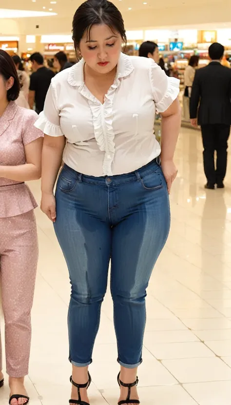 1woman,2kids,fullbody,(masterpiece:1.5),photo-realistic,16k,(beautiful 40s japanese plump lady:1.4),(crowded shoppingmall:1.6),(frilled blouse:1.5),(jeans:1.3),(sandals:1.5),(handing on wetting crotch with both hands:1.4),(whimpering:1.6),(panicking:1.6),(...