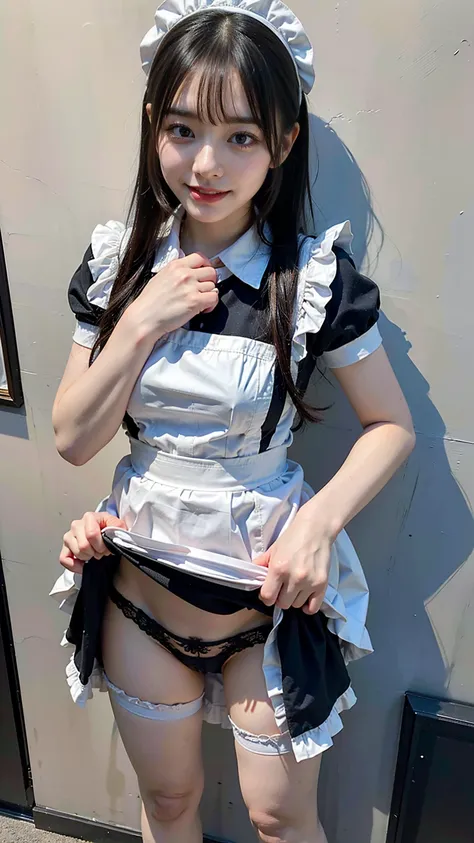 (8K、RAW Photos、Highest quality、masterpiece:1.2)、(Realistic、Realistic)、1 Girl、((Maid Costume:1.2、Thin legs、whole body、View from the front、smile、Looking into the camera、Hold your skirt with both hands and show me your black panties))、cute