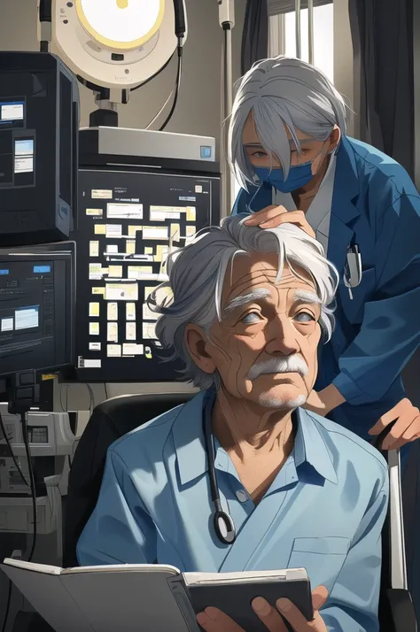 A digital art of an elderly person, with wrinkles and tired eyes, undergoing a medical evaluation to ascertain if he is depressed. Color palette should include shades of grey, blue and white. The persons age is around 80, has white hair, styled in a short,...