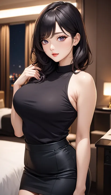 masterpiece, high resolution, beautiful woman, Korean Beauty, 30 years old, black sleeve less sweater, mini pencil skirt, beautiful woman, night hotel, looking at me, high resolution face, (high resolution eyes), black hair, curvy
