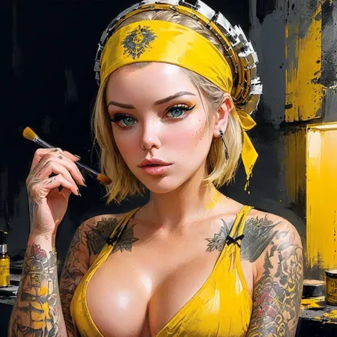 Portrait of laurence bedard,Dramatic lighting, putting makeup on, Illustration by Greg rutkowski,Ruins toot, Dark, Highly detailed face and hands, The headband is yellow ,yoji shinkawa, glossy, 8K, Digital art, concept-art, trending on artstatio