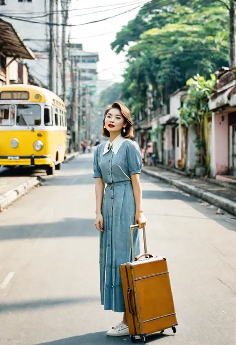 raw mode photos, Vintage portrait of Asian woman in 90s retro style, Carrying a suitcase, Standing on the road with an old bus in the distance, dynamic lighting, The best angle, sideways portrait, sharp focus, retro vintage photos, Background of old Jogja ...