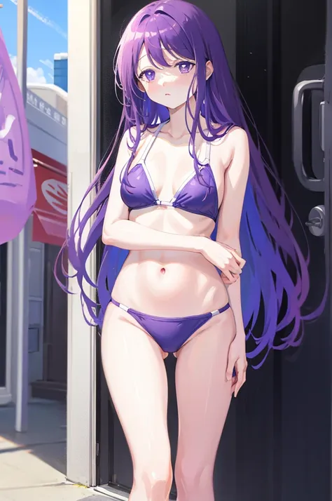 small breasts、random swimsuit、light purple hair、semi-long hair、pale purple eyes、wet、、looks like she&#39;s about to cum、glamorous...