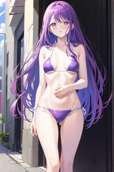 small breasts、random swimsuit、light purple hair、semi-long hair、pale purple eyes、wet、、looks like she&#39;s about to cum、glamorous...