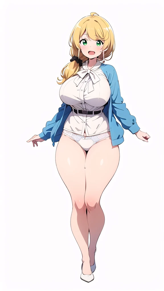 masterpiece,best quality,1girl,mature female,large breasts,(wide hips,thick thighs, voluptuous thighs),ellen_baker,green eyes,blonde hair,long hair,hair scrunchie,jacket,white shirt,micro miniskirt, white panties, A kind smile, open mouth,(sweat,Sweatdrop)...