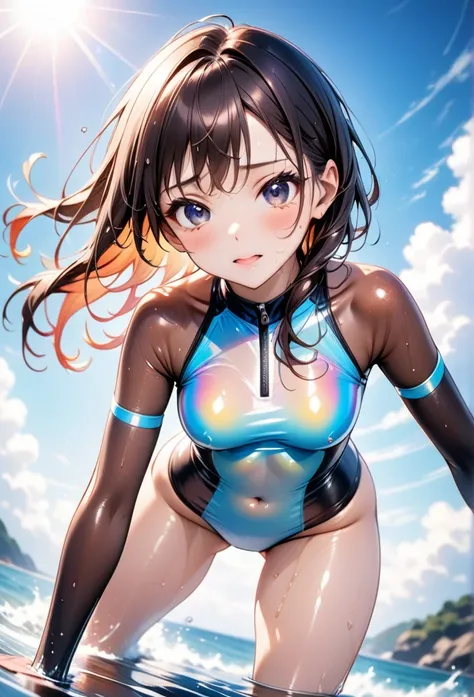 ((rash guard)), ((swimsuit sides see-through)), ((The swimsuit is a vivid color)), holographic fabric, skindentation, skinny, solo, 1 woman, Masterpiece, highest quality, highest quality, 16K, incredibly absurd, highly detailed, 2.5D, ai-generated, delicat...