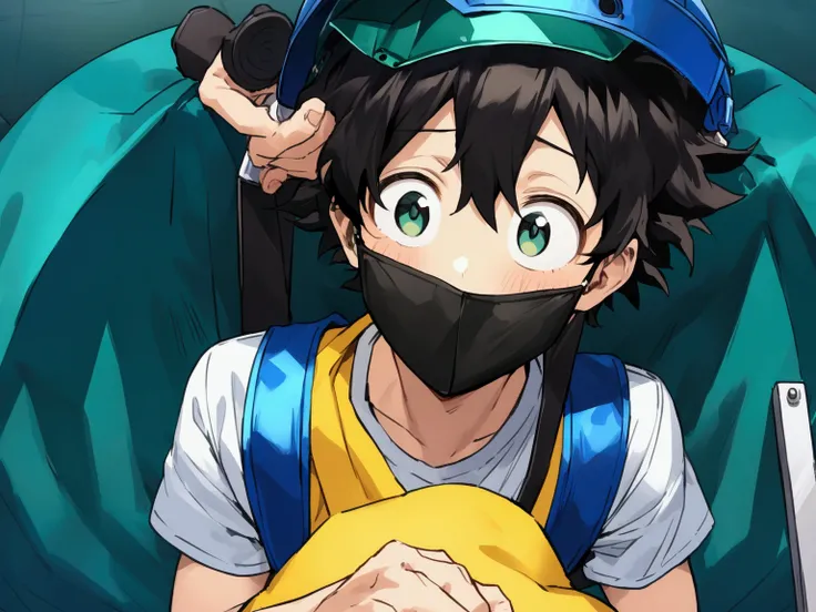 (masterpiece, best quality:1.2), solo, male focus, 1boy, midoriya izuku, short green hair, green eyes, white t-shirt, black shorts, green domed helmet with transparent visor over eyes, mind control device, blank expression, mouth hanging open, sitting in b...