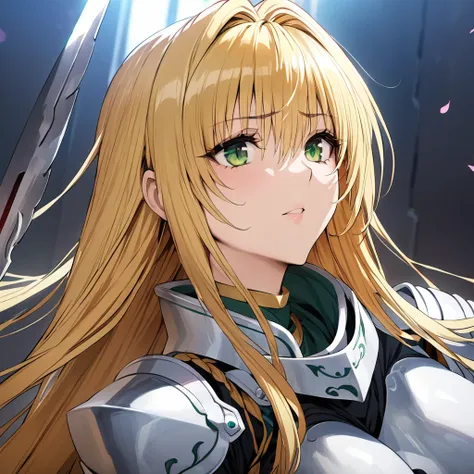 ((Highest quality)), ((masterpiece)), (detailed), （Perfect Face）、The woman is Tiare, a female knight with green eyes, medium-long blonde hair, wearing armor and holding a sword.