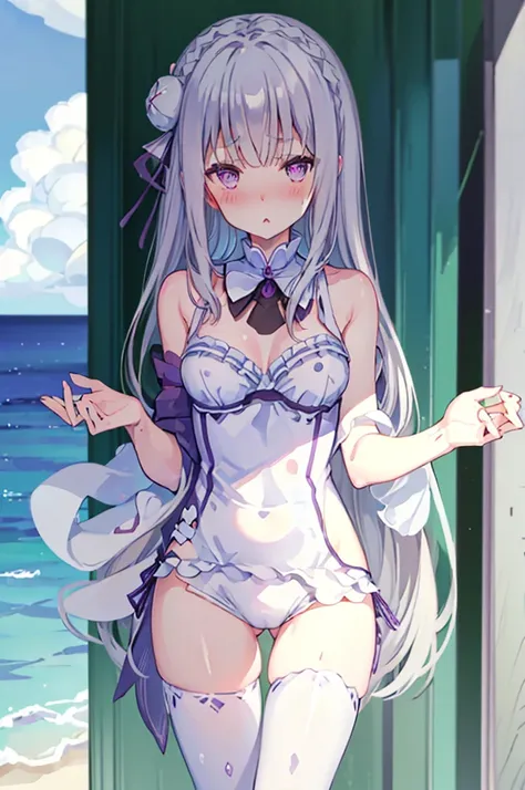 Random swimsuit appearance、Sexy swimsuit、NFSW、Random pose、Polka dot bikini、Polka dot bikini、Light silver hair、Semi-long hair、Random pose、Ocean、Sandy Beach、Blushing、Embarrassed expression、、Pale purple eyes、、Blushing、lipstick、Perfect hands、Detailed hands、Wet...