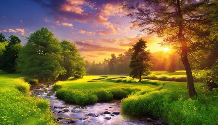 a beautiful sunset scene with a stream and trees, nature wallpaper, nature scenery, Beautiful wallpaper, beautiful backgrounds, peaceful landscape, stunning nature in the background, very very beautiful scenery, wallpaper hd, amazing wallpaper, a beautiful...