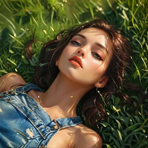 1 (wearing jeans salopette:1.3), Lie down on the grass, Overhead camera, sharp focus, handsome, skinny,professional lighting,city,rendered eyes,tall body,adult woman,hair ornament,instagram most viewed,official wallpaper, official art,(kpop idol), half-clo...