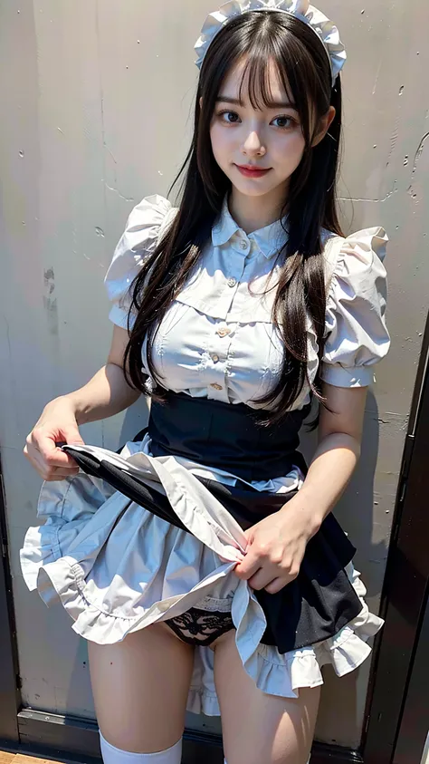 (8K、RAW Photos、Highest quality、masterpiece:1.2)、(Realistic、Realistic)、1 Girl、((Maid Costume:1.2、Thin legs、whole body、View from the front、smile、Looking into the camera、Hold your skirt with both hands and show me your black panties))、cute、Accurate Fingers