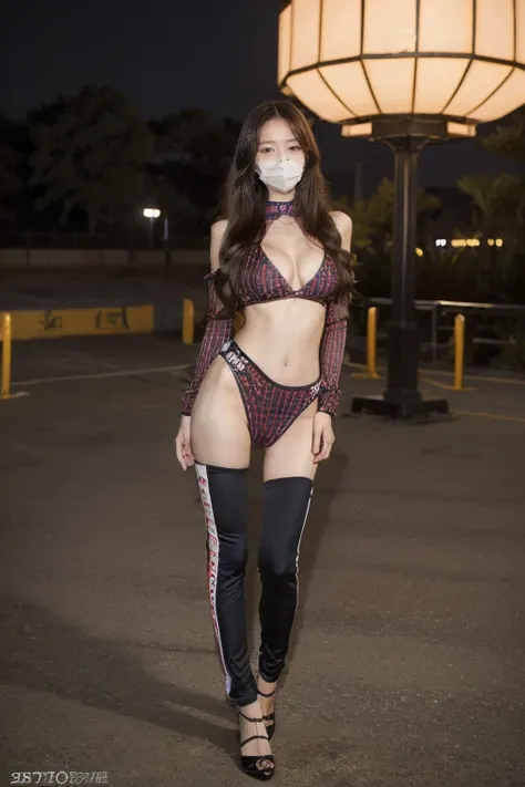 ((original photography:1.2))，Photographed by mobile phone，RAW photos,Night view of Beijing，1 Girl, Perfect body，Full body portrait，Fashion的头发, Very long hair, delicate eyes, Side Light, Sweating，With a mask, huge collar，Medium breasts，Fashion的賽車服，(Sophisti...