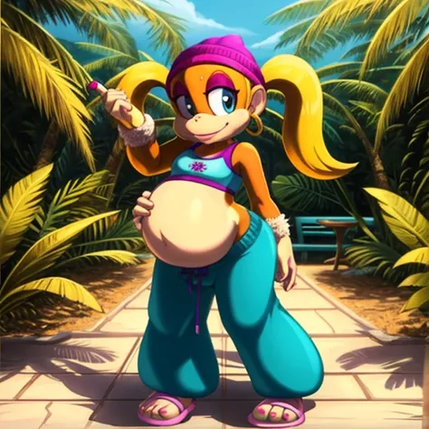 masterpiece, best quality, high resolution, full body, perfect body, perfect face, great detail, depth of field, tinykong, anthropomorphic, blonde hair, twin tails, baggy pants, monkey, crop top, light brown fur, beanie, anthro monkey, solo, 1girl, jungle ...