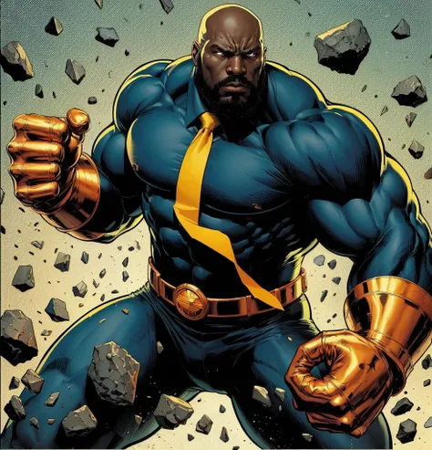 American classic comics: Luke Cage, black large man, bald, big black beard, tight navy suit, large shoulders, yellow technological copper gloves, super strength, big large body muscular, yellow-orange tie, hero protector, punching the stones, super hero le...