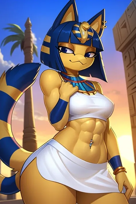 ((best quality)), ((masterpiece)), (detailed), ((2k)), trending on artstation, furry, furry style, anthro style, perfect face, a digital artwork of a sexy Ankha with abs wearing a crop top of her white sleeveless dress with white long dress skirt, a bare m...