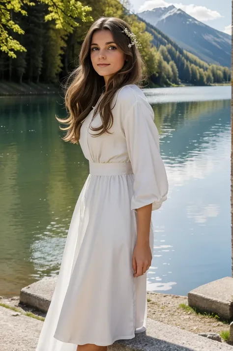 Portrait photoréaliste dune jeune femme brune aux cheveux ondulés et aux yeux marrons, 29 ans. Elle devrait avoir un naturel, expression accessible et être éclairé par une lumière douce, lumière dorée. la photo est prise au bord du lac dAnnecy, elle porte ...