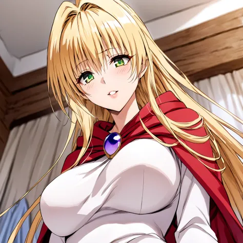 ((Highest quality)), ((masterpiece)), (detailed), （Perfect Face）、The woman is a thief with green eyes, medium-long blonde hair and a white robe.、In the castle as Princess of Moonbrooke wearing a red hooded cloak with the crest of Loto