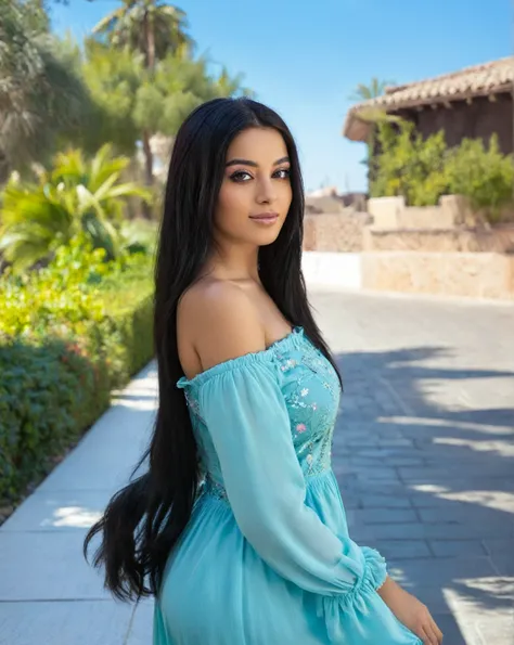 a woman in a blue dress posing for a photo, beautiful mexican woman, portrait of medium pink, medium pink, portrait medium pink,...