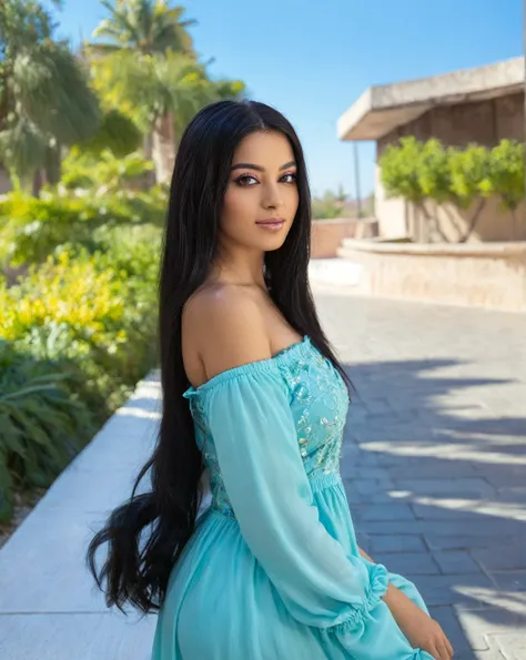 a woman in a blue dress posing for a photo, beautiful mexican woman, portrait of medium pink, medium pink, portrait medium pink,...