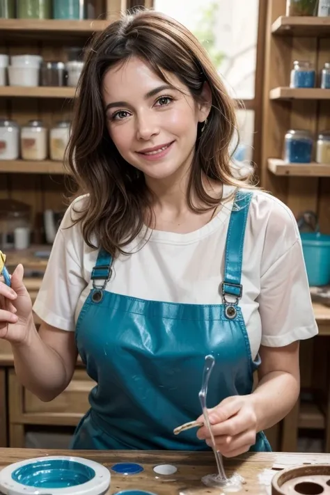 A smiling Spanish woman in a crafts studio, surrounded by resin materials like molds, paints and finished parts. She is showing a group of women, of different ages, how to pour resin into molds. Making cups and plates