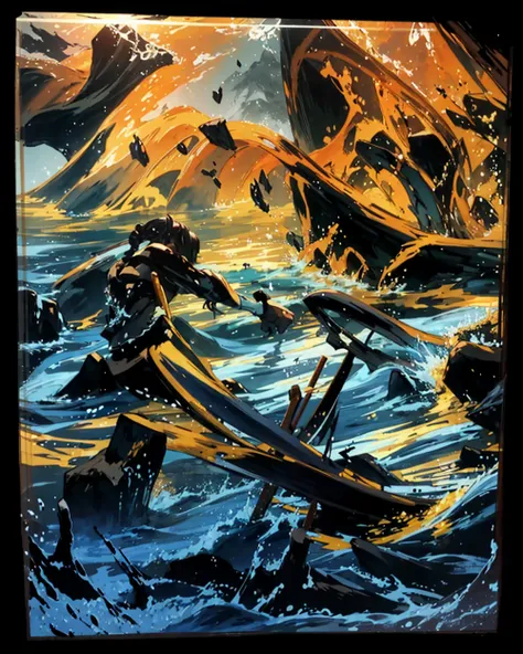 In the picture, there is a martial arts character standing on the sea water，In the middle right of the picture, there is a sword stuck in the water.。turbulent weather，terrain changes，The colors are distinct and blended，Clear changes in light and shadow，Sil...