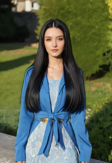 a closeup of a woman wearing a blue jacket and a blue dress, female with long black hair, straight hairstyle, with straight black hair, with long hair, with long dark hair, with long black hair, Her hair is long and straight., young woman with long dark ha...