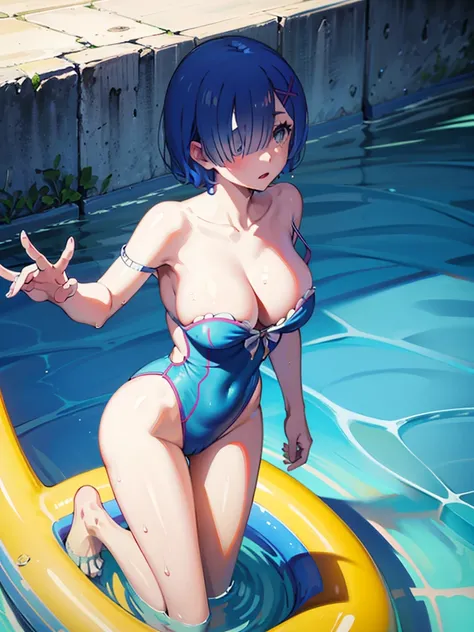 Swimsuit、whole body、Acme Face、Random pose、short hair、Blue Hair、、hair over one eye、、nsfw、	masterpiece, best quality, 1 girl, 独奏, large breasts, pink eyes, hairs between eyes, crossed bangs, pink hair, braid hair, pool, in the pool, (wet:1.1), water drops, o...