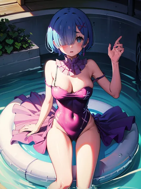 Swimsuit、whole body、Acme Face、Random pose、short hair、Blue Hair、、hair over one eye、、nsfw、	masterpiece, best quality, 1 girl, 独奏, large breasts, pink eyes, hairs between eyes, crossed bangs, pink hair, braid hair, pool, in the pool, (wet:1.1), water drops, o...