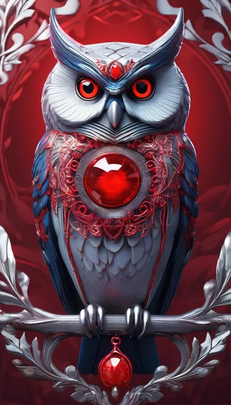 Illustration of an owl with red eyes, Unreal Engine rendering + goddess, very detailled , B Global Lighting, Exquisite and beautiful jewelry, Top trends in cgisociety, Motion Graphics, rossdraws global illumination, CG Association