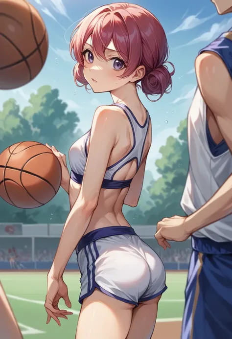 Body movement, young pretty gravure idol, Realistic young gravure idol, Young gravure idol, Young sensual gravure idol, sport bra and shirt, Young skinny gravure idol, sport bra and shorts, cute sportswear, wearing basketball jersey from behind