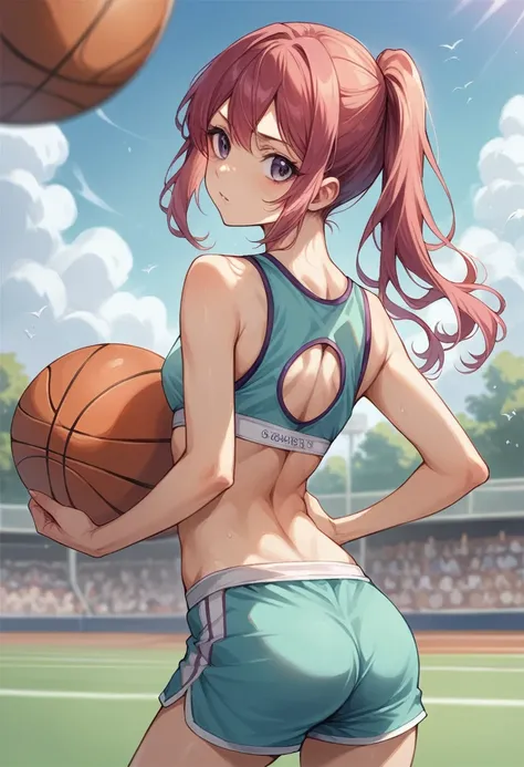 Body movement, young pretty gravure idol, Realistic young gravure idol, Young gravure idol, Young sensual gravure idol, sport bra and shirt, Young skinny gravure idol, sport bra and shorts, cute sportswear, wearing basketball jersey from behind