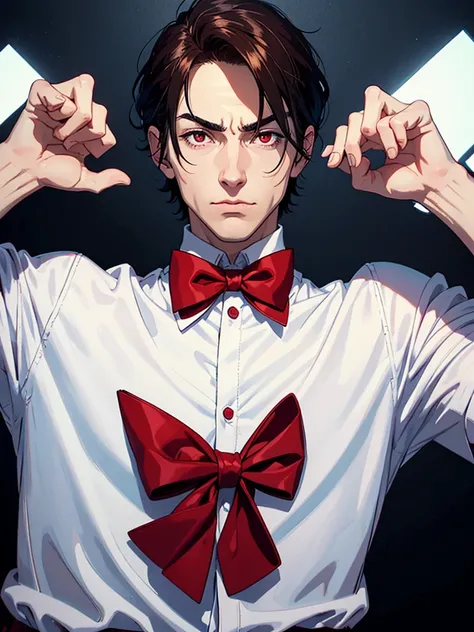 portrait of a close up of a man. his hands is up and fingers towards the camera, he is making hypnosis.He has Red eyes and white short hair, wearing white, his hands up and a bow tie. he is making hypnosise with his hand. Dracula style. comics anime style,...